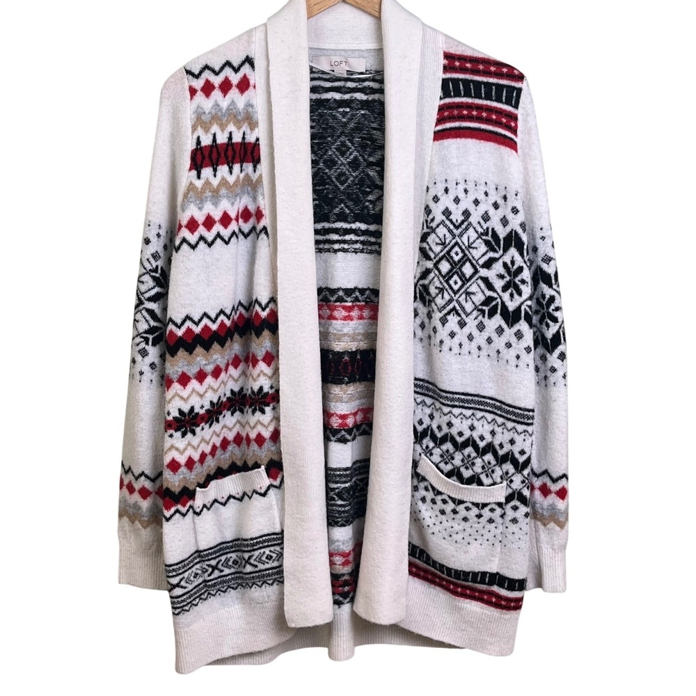 Loft Red Black Fairâ Isle Open Front Cardigan Wool Blend Knit Christmas Medium